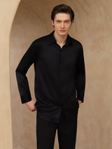 [Black] SilkSilky 19Momme Stretch Silk Charmeuse Long Sleeve Lapel Collar Men's Shirt 003
