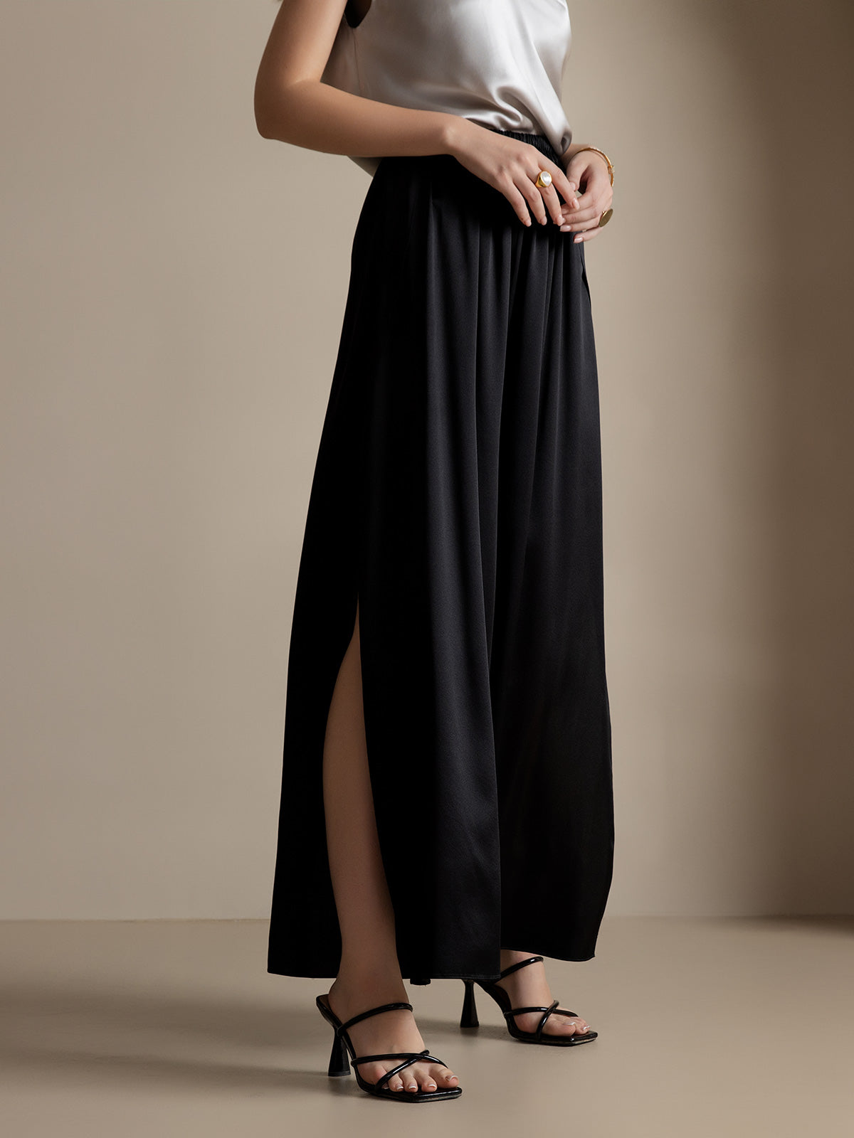 [Black] SilkSilky  19Momme Silk Split Women's Pants 004
