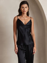 [Black] SilkSilky  19Momme Stretch Silk Charmeuse Spaghetti Strap Cowl Neck Camisole Top 005