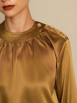 [Bronze] SilkSilky  19Momme Stretch Silk Charmeuse Long Sleeve Round Neck Blouse 005