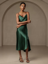 [Dark Green] SilkSilky  Spaghetti Strap Cowl Neck Dress 005