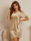 SilkSilky US Pure Silk Short Sleeve V Neck Nightgown Champagne 005