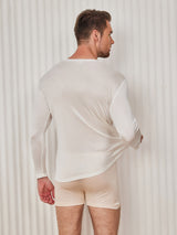 [White] SilkSilky  100% Silk Jersey Long Sleeve Round Neck Men's T-Shirt 002