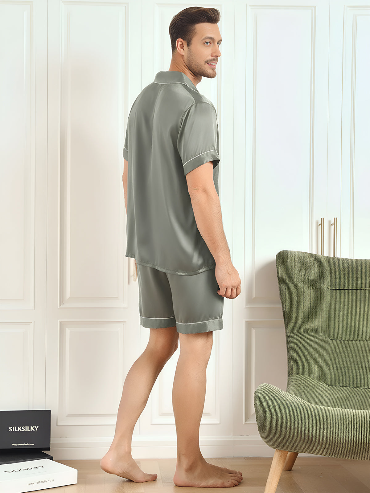 [Grayish Green] SilkSilky  Pure Silk Mens Pajamas 002