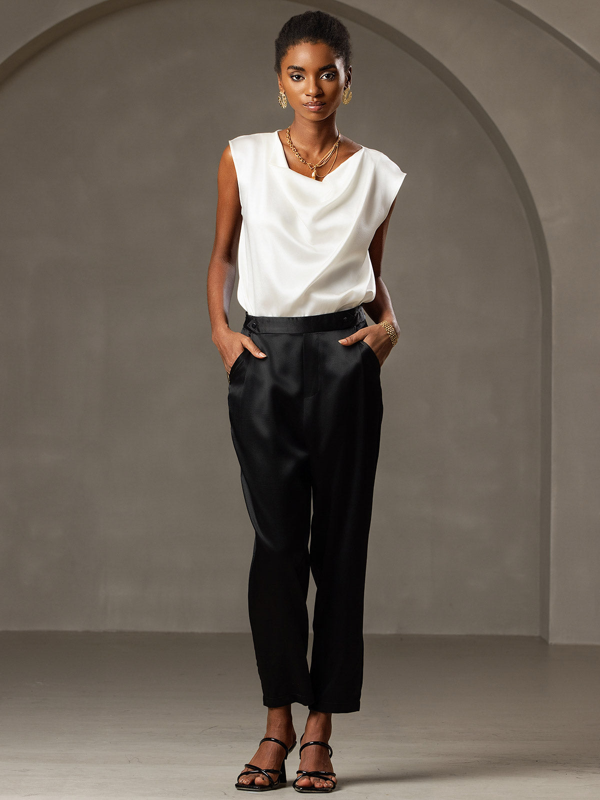 [White] SilkSilky  19Momme Silk Cowl Neck Women's T-Shirt 006
