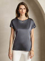 [Dark Gray] SilkSilky  19Momme Stretch Silk Charmeuse Short Sleeve Boat Neck Women's T-Shirt 001