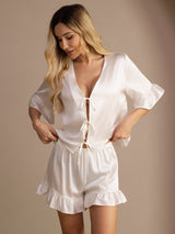 [White] SilkSilky Short Sleeve V Neck Women's Pajamas 003