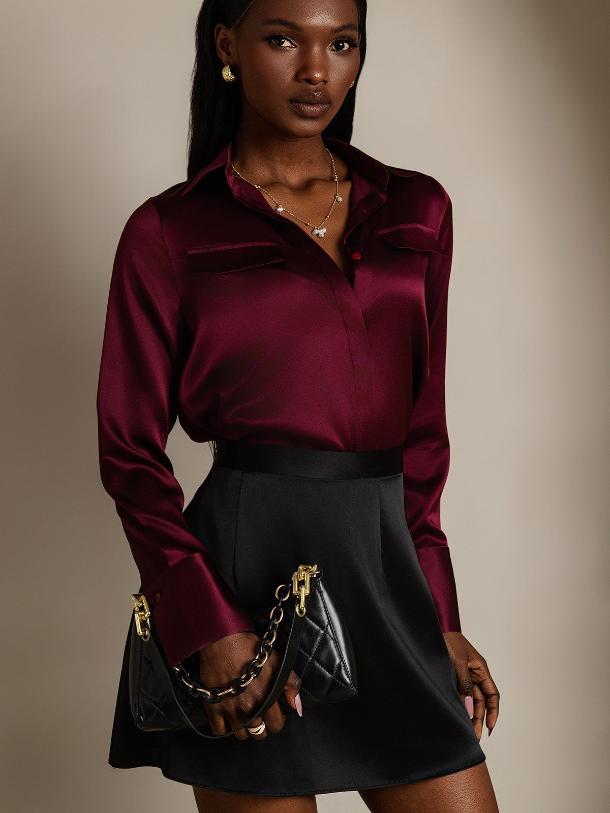 SilkSilky 19Momme Silk Long Sleeve Collar Women's Shirt DarkRed 005