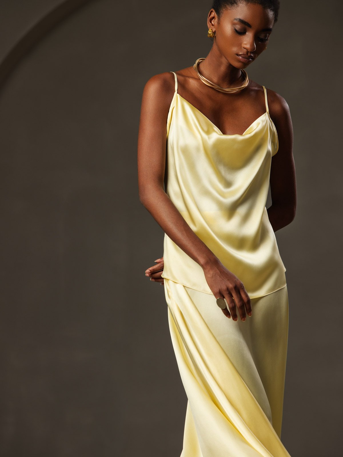 [Yellow] SilkSilky  19Momme Silk Cowl Neck Camisole Top 001