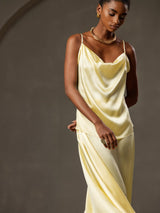 [Yellow] SilkSilky  19Momme Stretch Silk Charmeuse Spaghetti Strap Cowl Neck Camisole Top 001