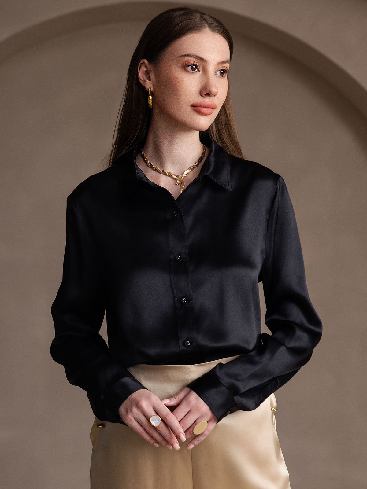 SilkSilky  19Momme Silk Long Sleeve Collar Women's Shirt Black 002