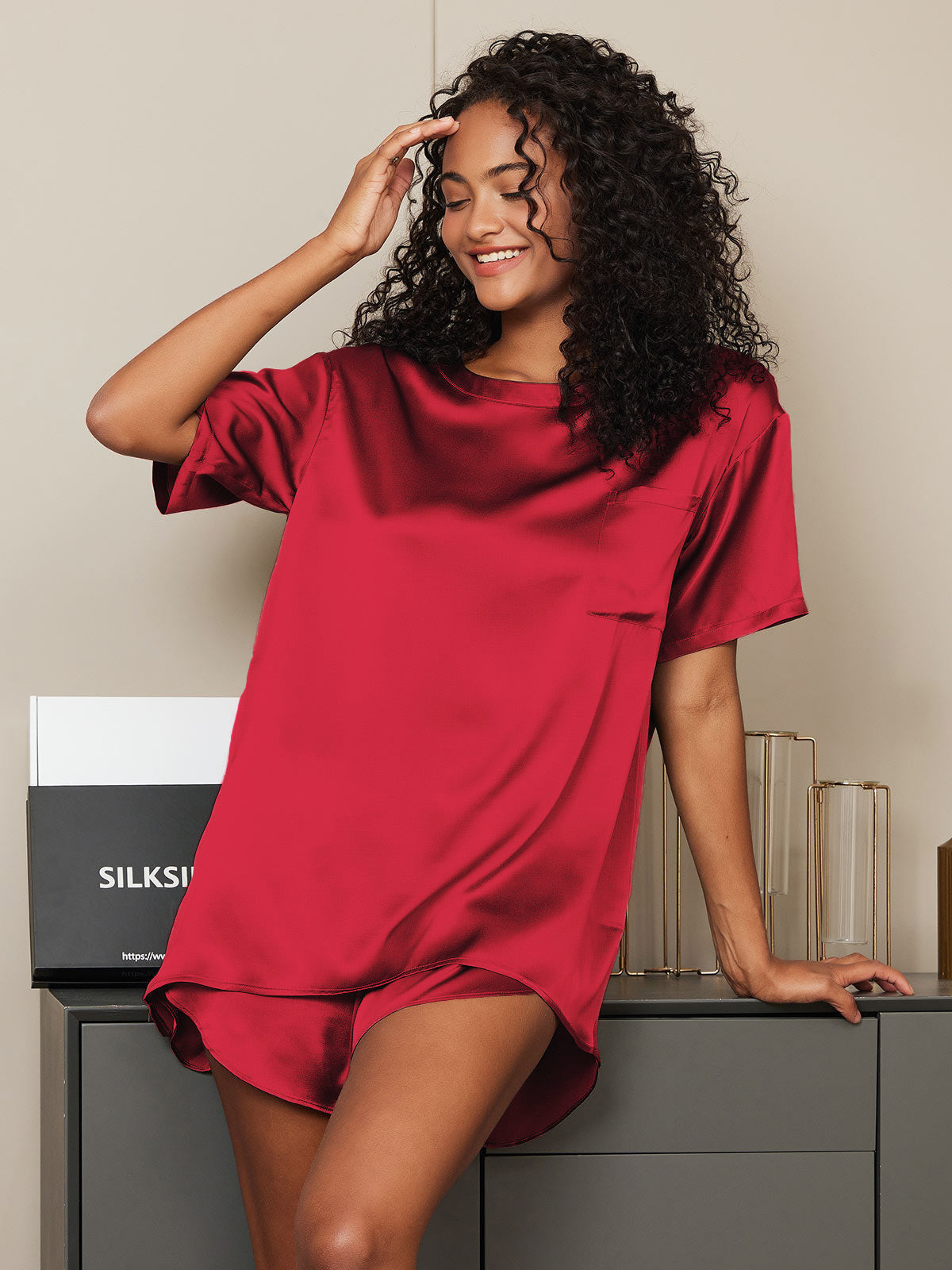 [Wine] SilkSilky  Pure Silk Round Neck Women's Pajamas 006
