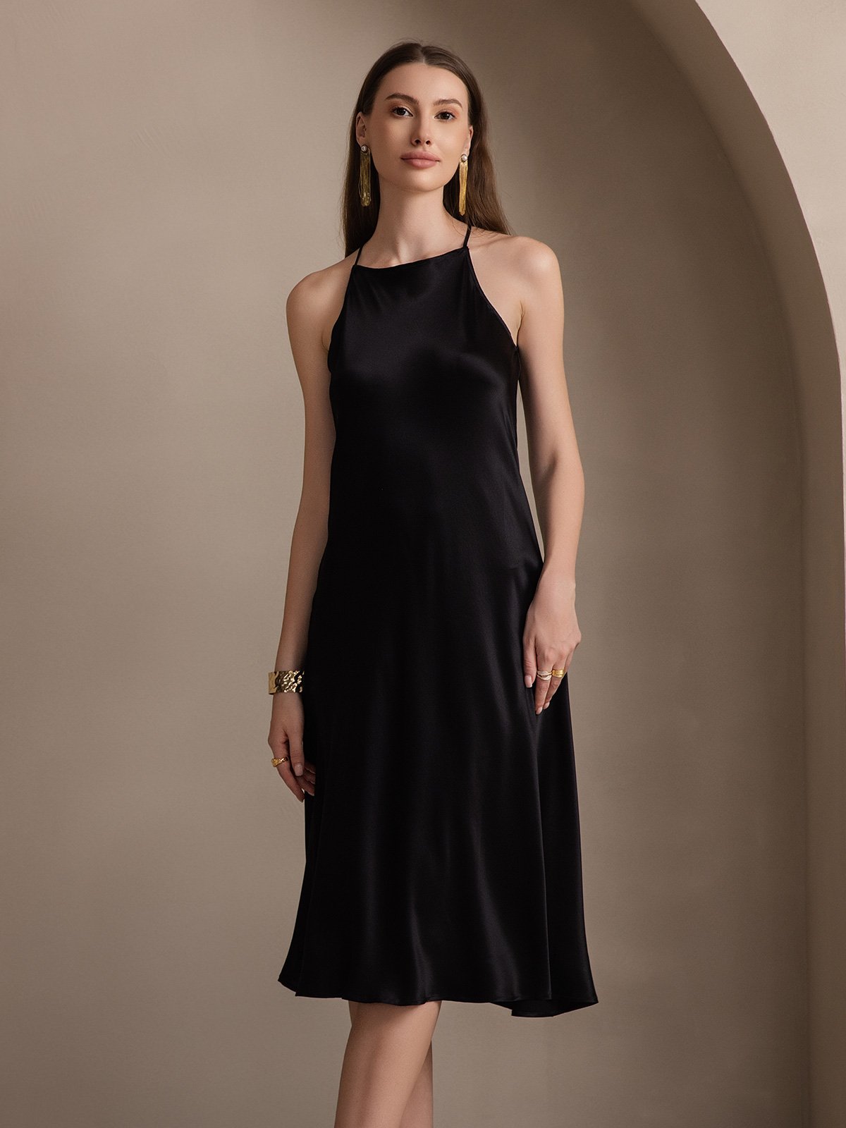 [Black] SilkSilky 19Momme Silk Sleeveless Dress 004