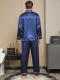 SilkSilky US 19Momme Pure Silk Long Sleeve Lapel Men's Pajamas DarkBlue 002