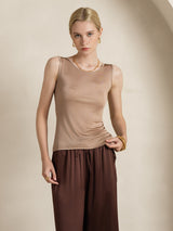 [Coffee] SilkSilky  100% Silk Jersey Sleeveless Round Neck Women's T-Shirt 006