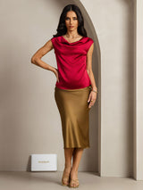 [Wine] SilkSilky  19Momme Stretch Silk Charmeuse Cap Sleeve Cowl Neck Women's T-Shirt 003