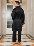 SilkSilky US Pure Silk 3/4 Sleeve Deep V Neck Men's Robe Black 003