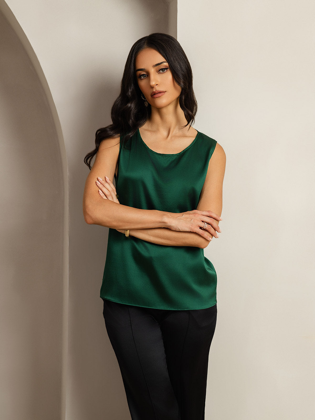 [Dark Green] SilkSilky  19Momme Silk Round Neck Camisole Top 006