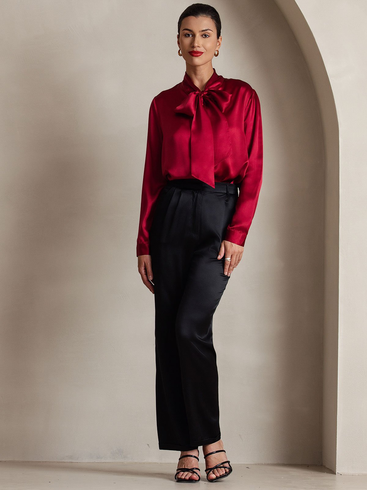 [Wine] SilkSilky 19Momme Silk Long Sleeve Tie Neck Women's Shirt 006