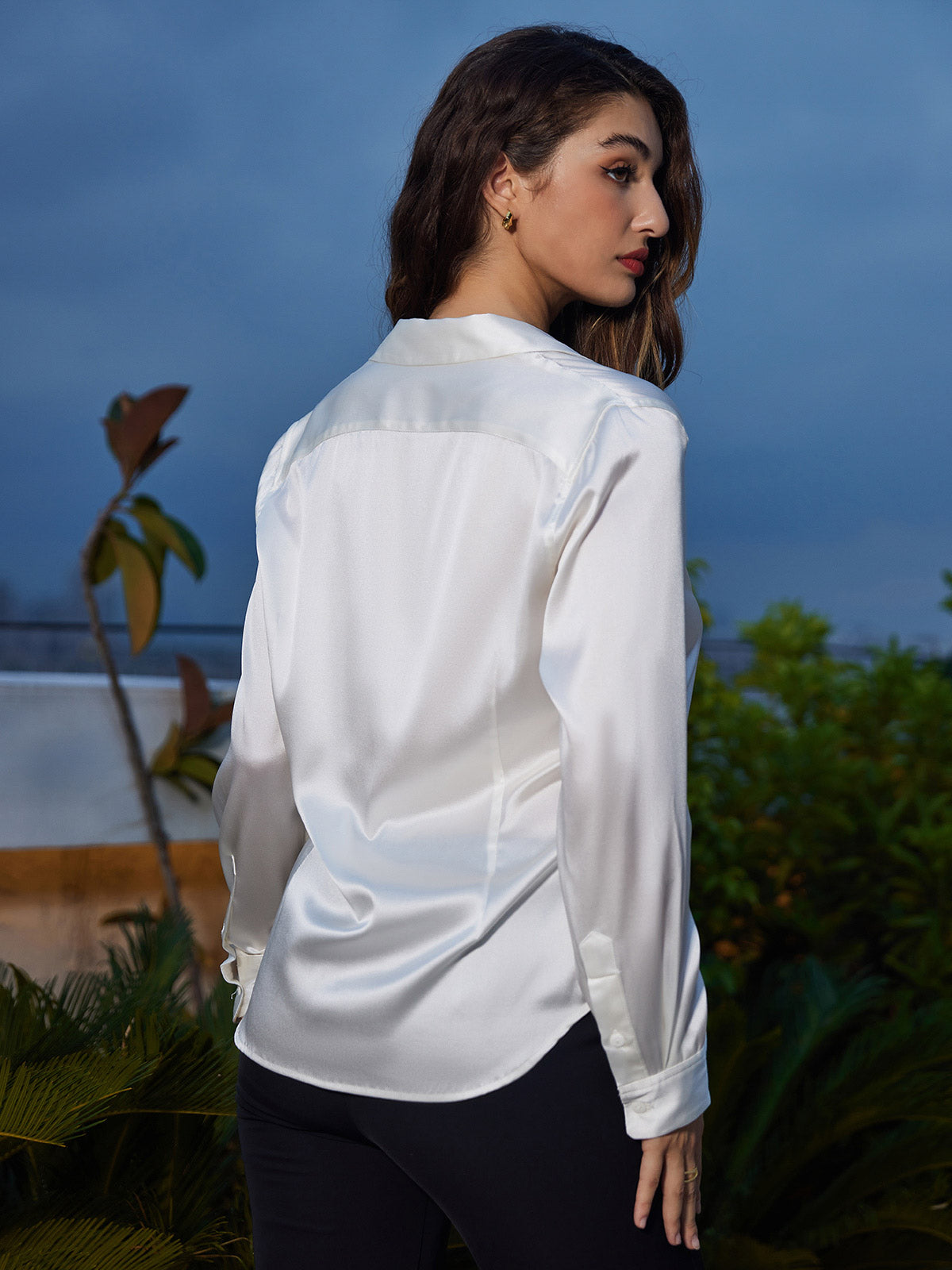 SilkSilky US Silk Blend Long Sleeve Collar Women's Shirt White 002