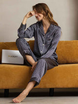 [Navy Ginkgo] SilkSilky  Pure Silk Notch Collar Women's Pajamas 003,