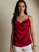 [Wine] SilkSilky  19Momme Stretch Silk Charmeuse Spaghetti Strap Cowl Neck Camisole Top 001