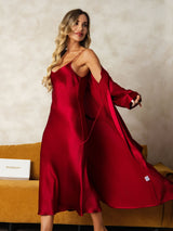[Wine] SilkSilky  Long Sleeve V Neck Nightgown&Robe Set 007