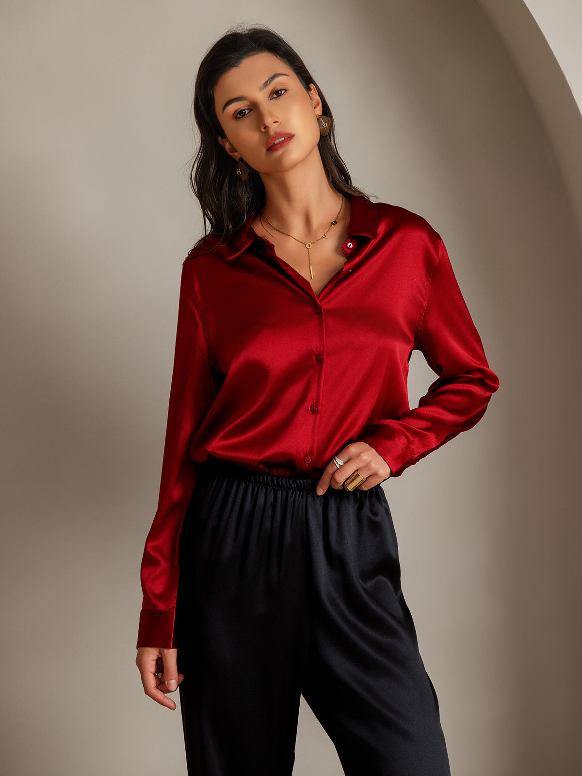 SilkSilky  Silk Long Sleeve Collar Women's Shirt Red 004