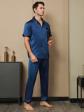 SilkSilky US 19Momme Pure Silk Short Sleeve Lapel Men's Pajamas DarkBlue 003