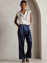 [Light Gray] SilkSilky  19Momme Stretch Silk Charmeuse Cap Sleeve Cowl Neck Women's T-Shirt 006