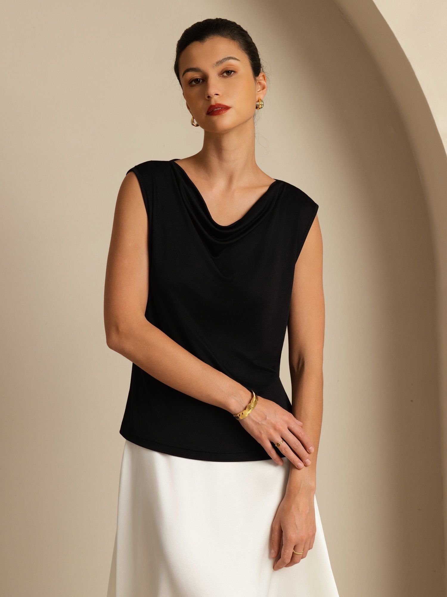 [Black] SilkSilky Silk Sleeveless Cowl Neck Women's T-Shirt 004