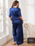 SilkSilky US Pure Silk Half Sleeve Round Neck Women's Pajamas DarkBlue 005