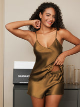 [Coffee] SilkSilky  Spaghetti Strap V Neck Camisole Set 004