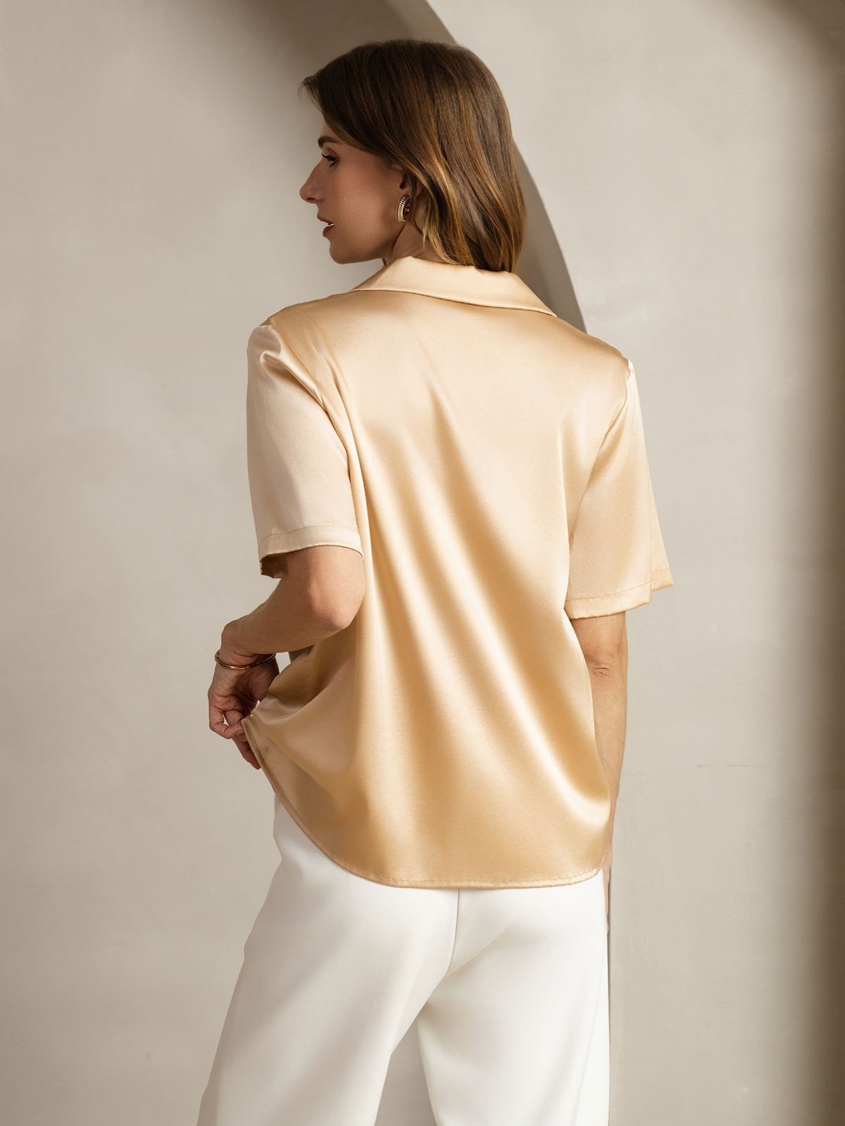[Champagne] SilkSilky 19Momme Silk Notched Neck Women's Shirt 002