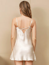 [Beige] SilkSilky  Spaghetti Strap V Neck Nightgown 002
