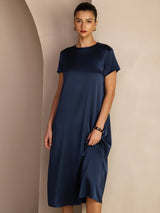 [Dark Blue] SilkSilky Short Sleeve Round Neck Dress 006
