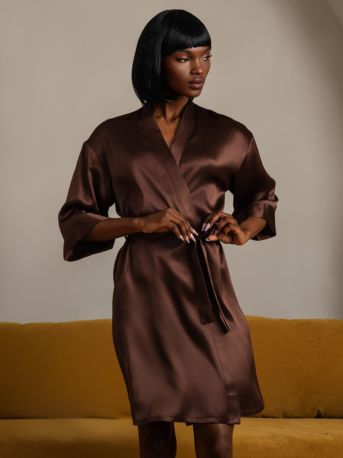 [Coffee] SilkSilky  Pure Silk Womens Robe 005