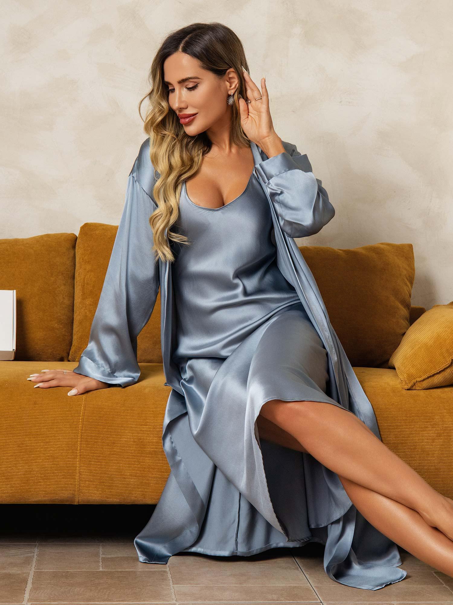 [GrayishBlue] SilkSilky Pure Silk Wrap Nightgown&Robe Set 009