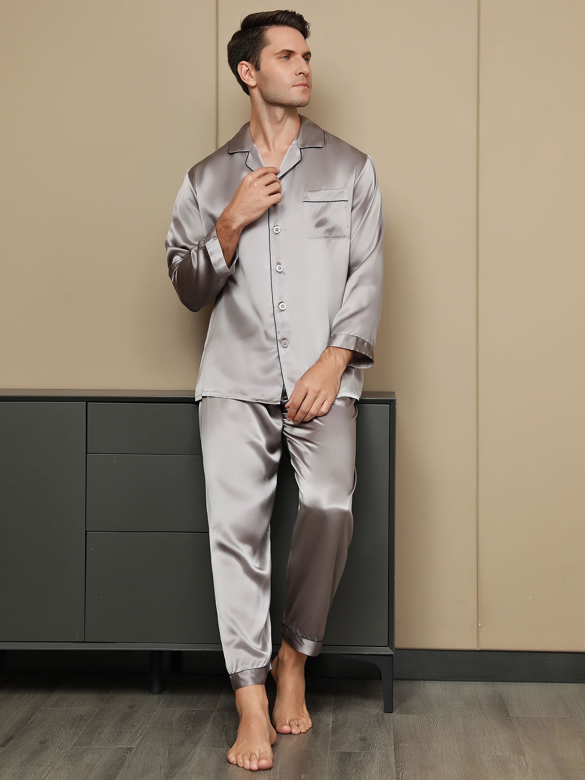 SilkSilky US Pure Silk Long Sleeve Lapel Men's Pajamas Gray 004