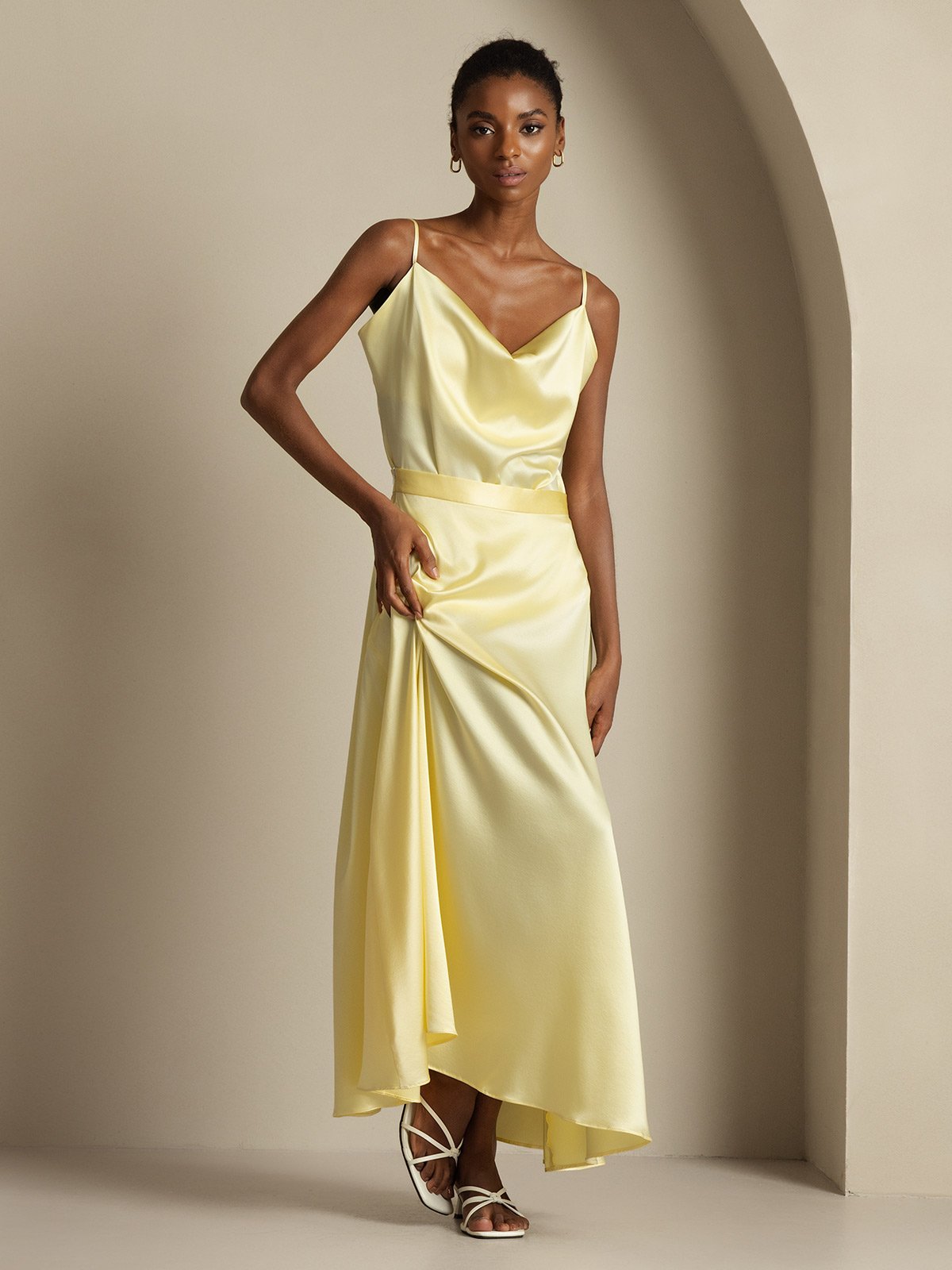 [Light Yellow] SilkSilky  19Momme Silk Cowl Neck Women''s Outfit Sets 005,
