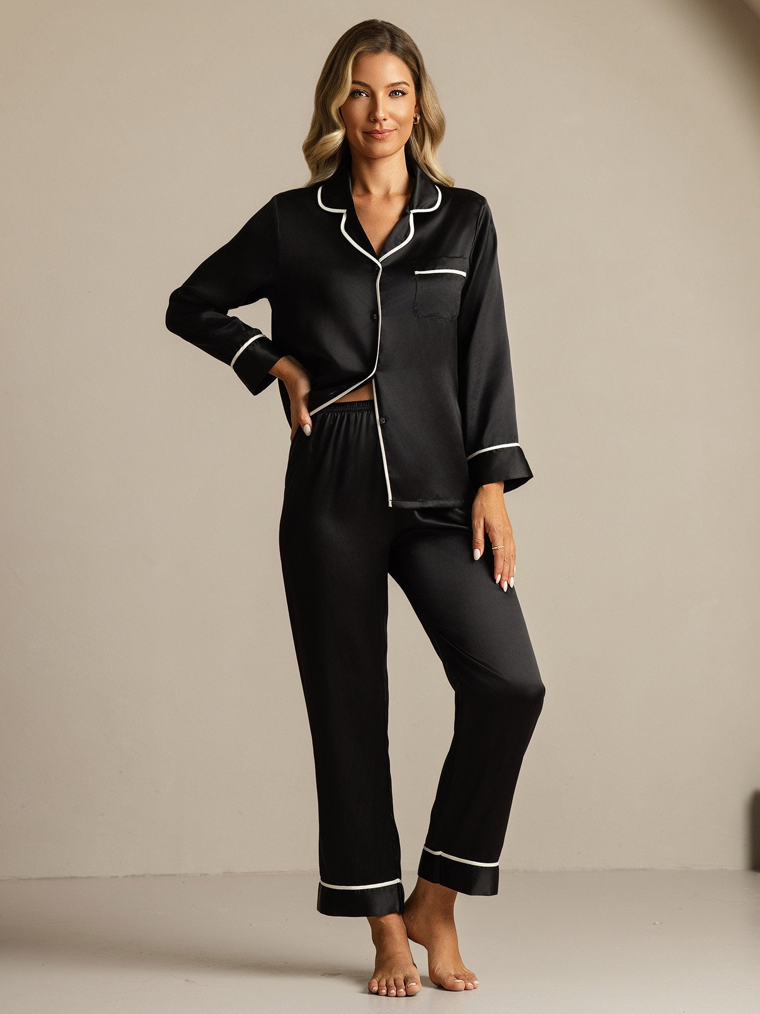 [Black] SilkSilky Pure Silk Lapel Collar Women's Pajamas 006