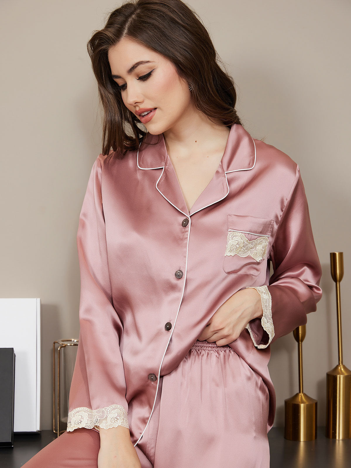 [Pale Mauve] SilkSilky Pure Silk Long Sleeve Lapel Women's Pajamas 003