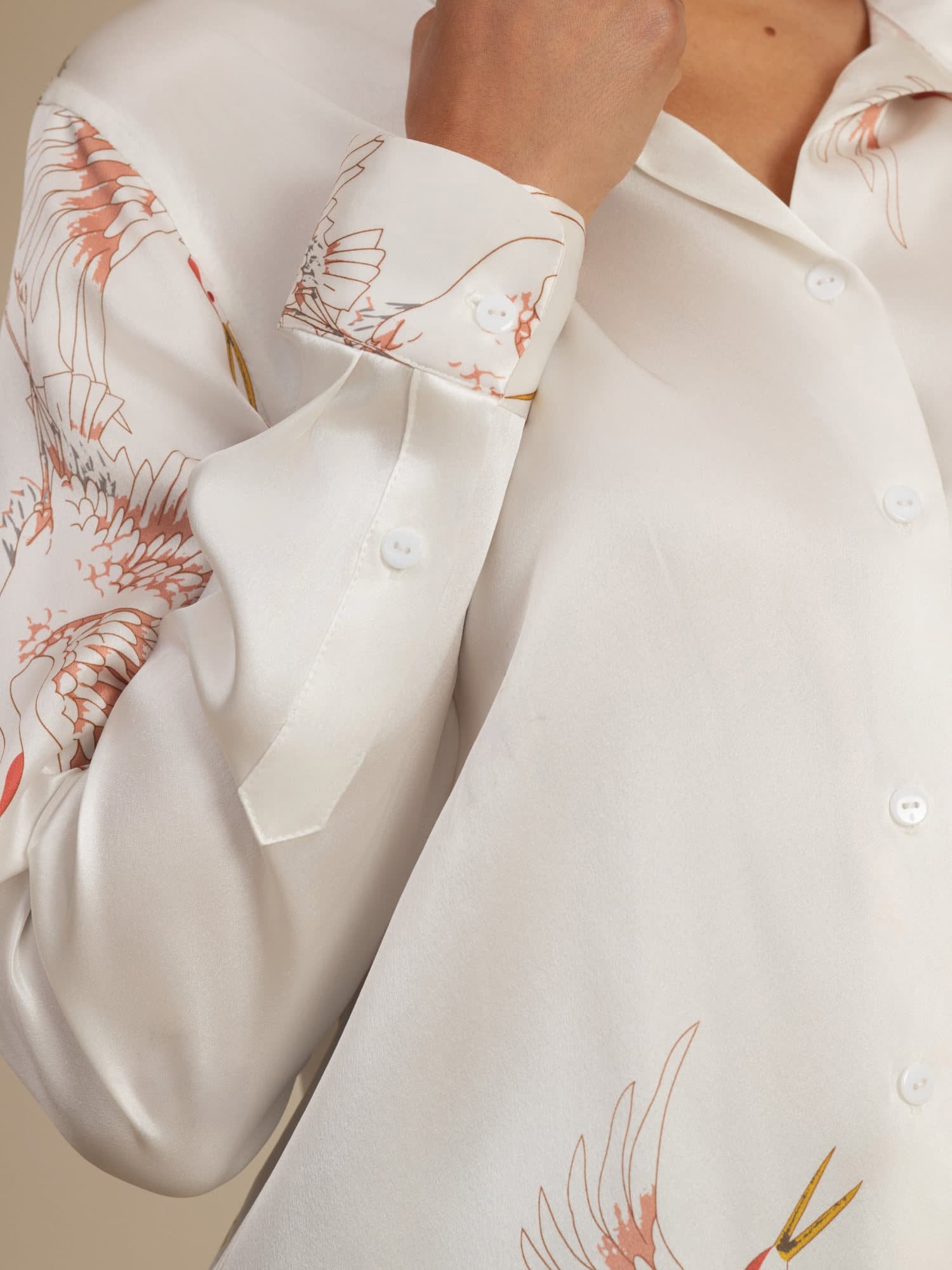 [White] SilkSilky  19Momme Long Sleeve Lapel Collar Women's Shirt 006