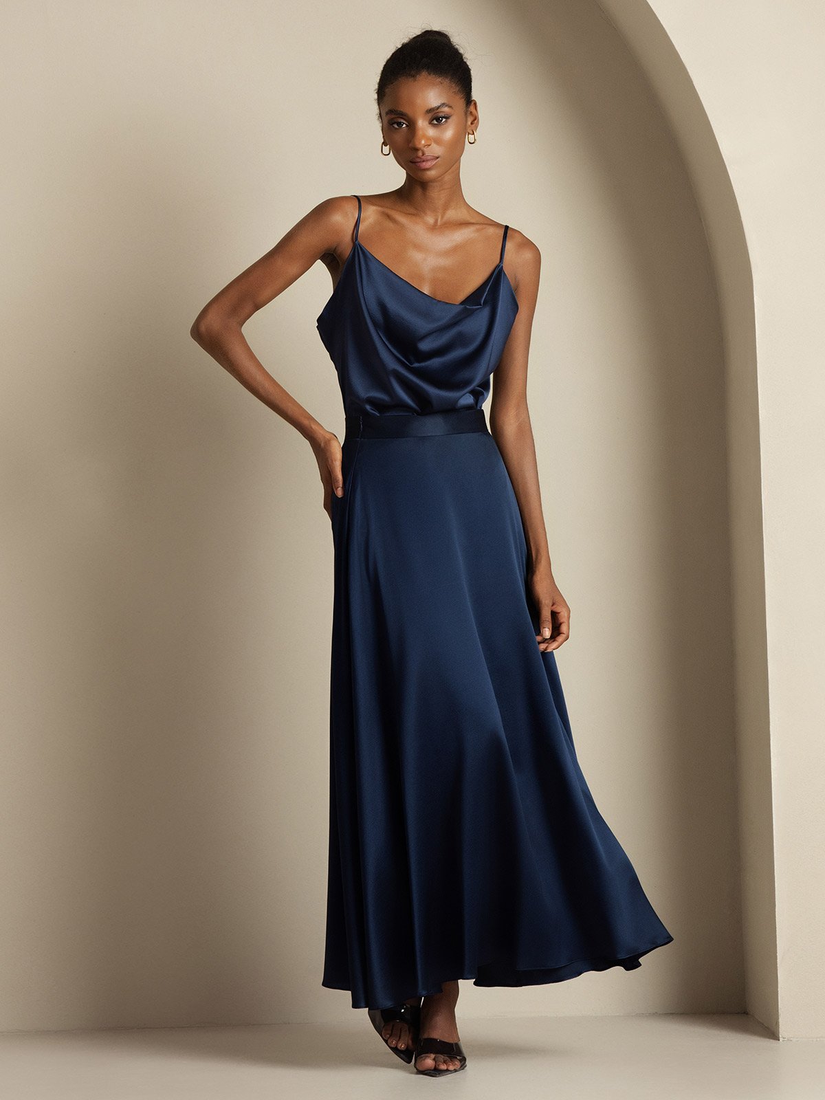 [Dark Blue] SilkSilky  19Momme Silk Cowl Neck Women''s Outfit Sets 007,
