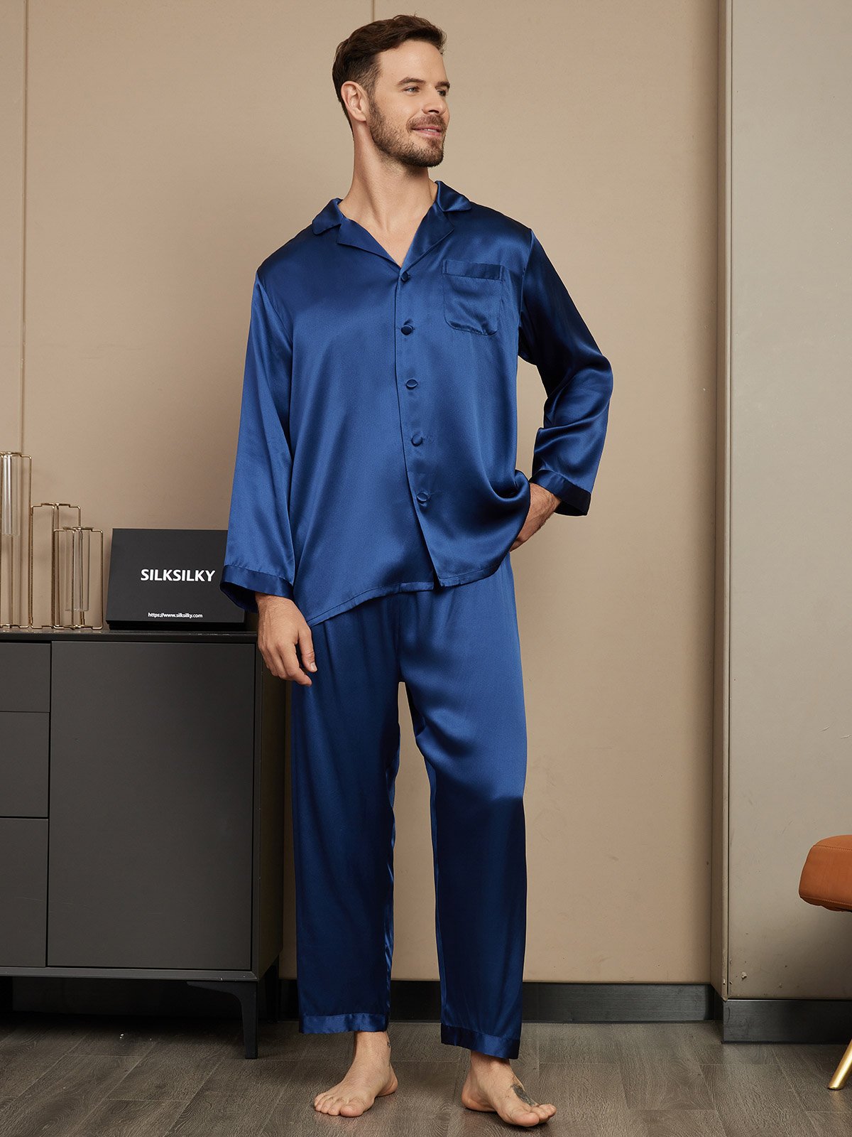 [Dark Blue] SilkSilky  Pure Silk Mens Pajamas 005