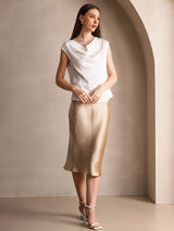 [White] SilkSilky  19Momme Stretch Silk Charmeuse Cap Sleeve Cowl Neck Women's T-Shirt 007