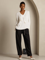 [White] SilkSilky 19Momme Silk Long Sleeve V Neck Blouse 008