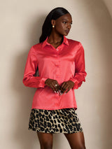 [Imperial Red] SilkSilky  19Momme Stretch Silk Charmeuse Long Sleeve Lapel Collar Women's Shirt 006