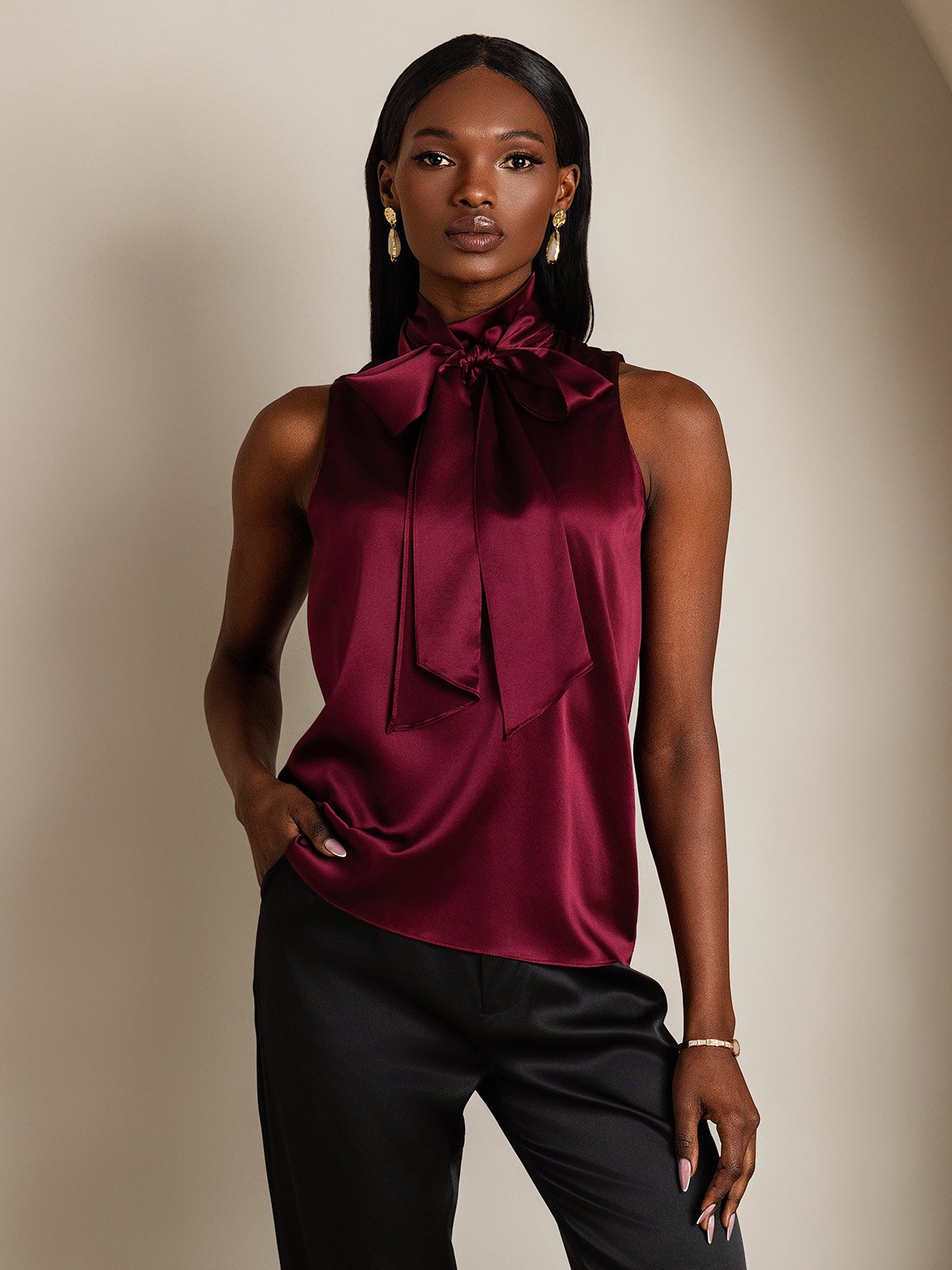 SilkSilky 19Momme Silk Tie Neck Women's Shirt DarkRed 001