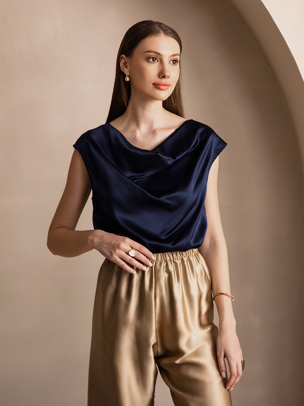 [Dark Blue] SilkSilky  19Momme Silk Cowl Neck Women's T-Shirt 004